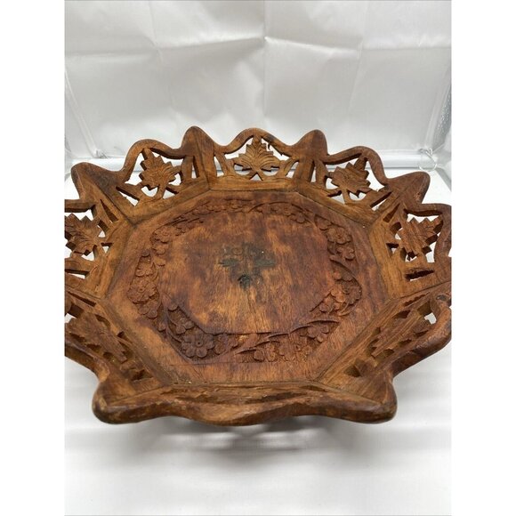 Vintage Octagonal Wood Serving 10.5" Tray Floral Center Hand Carved Artisan Boho - Picture 6 of 16